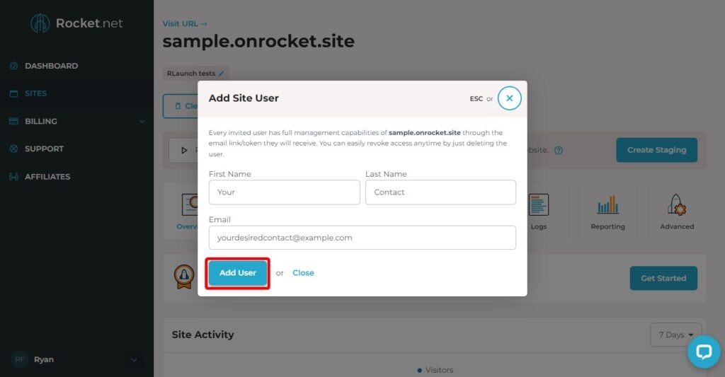It's easy to invite a user to your site, just follow the control panel instructions