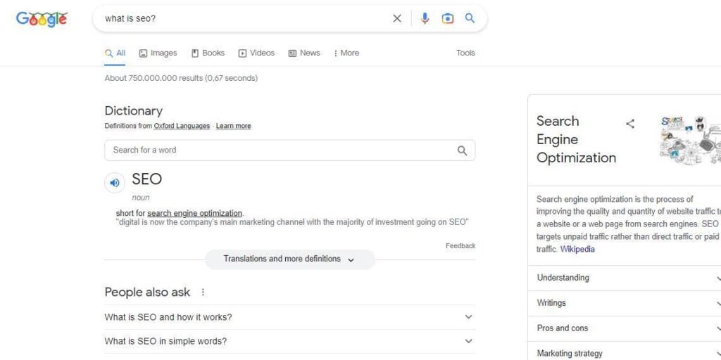 Google search response - what is seo?