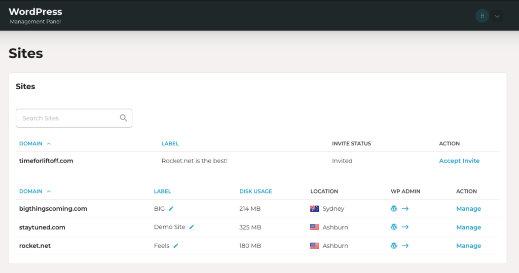 Once logged in, users will see a list of sites they can manage