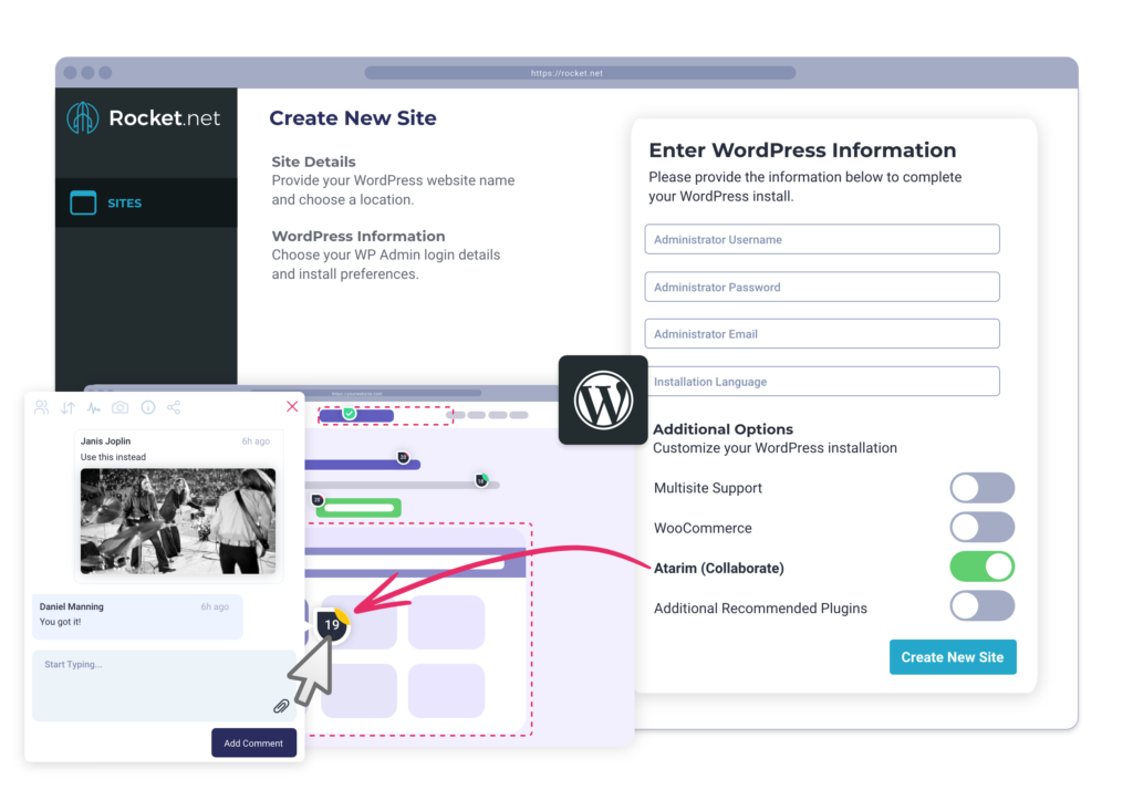 Rocket.net users can also auto install the Atarim collaboration plugin at the time of creating a site within Rocket.net so it's automatically added to their Atarim dashboard