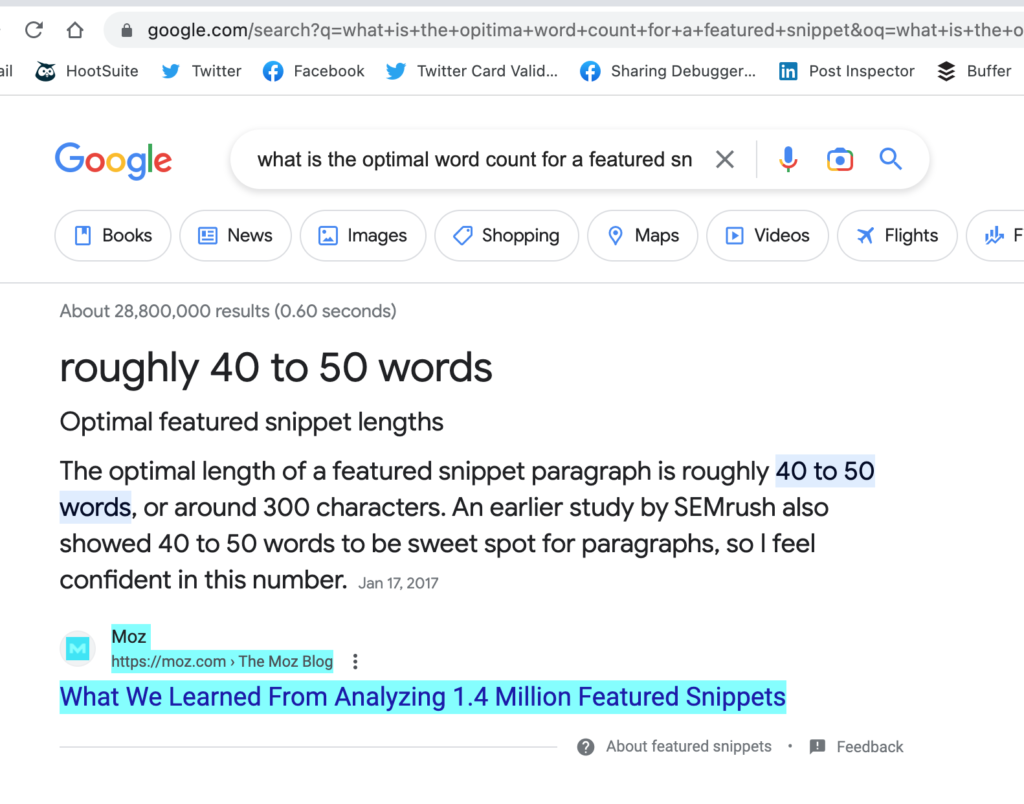 Optimal word count to land a featured snippet is 40-50 words