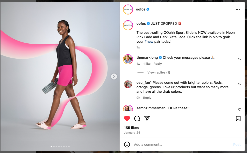 See why OOFOS could do better with Instagram social selling strategies
