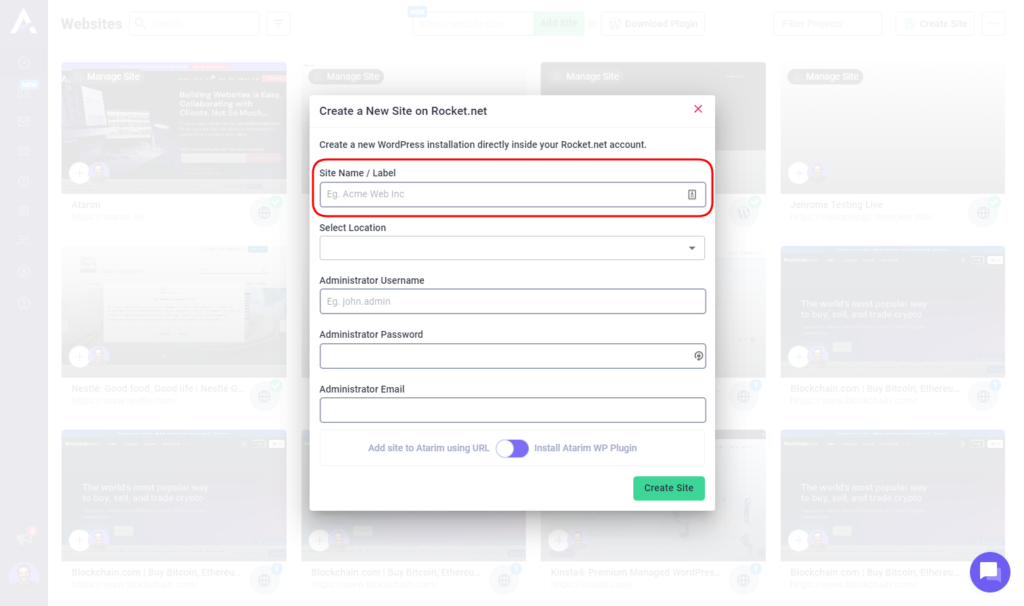 Create new sites directly inside of Atarim