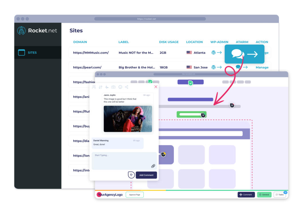 Inside your Rocket.net Dashboard, simply click one button to start collaborating with your clients whether creating a new site or activating it on a per site basis